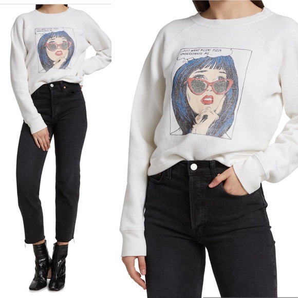 NWT Re/Done I Just Want Pizza Crewneck Sweater | Sweatshirt in Off White - Picture 1 of 12